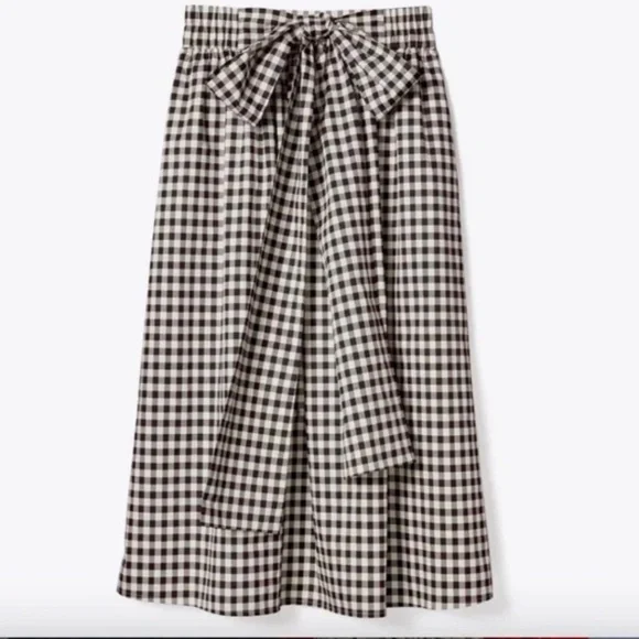 Tory Burch Black White Gingham Midi Skirt Small Cotton Tie Waist Pockets NWOT - Picture 2 of 10